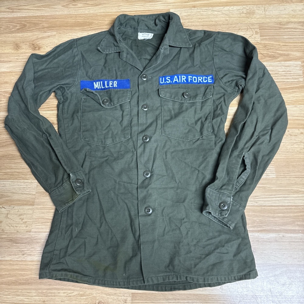 Vintage US Air Force OG 107 Utility Shirt Small Green 1970s Cotton 15.5x33